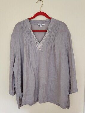 Chicos 100% Linen Embellished Kurta Grey Tunic Beaded Boho Oversized Sz 4(20-22)